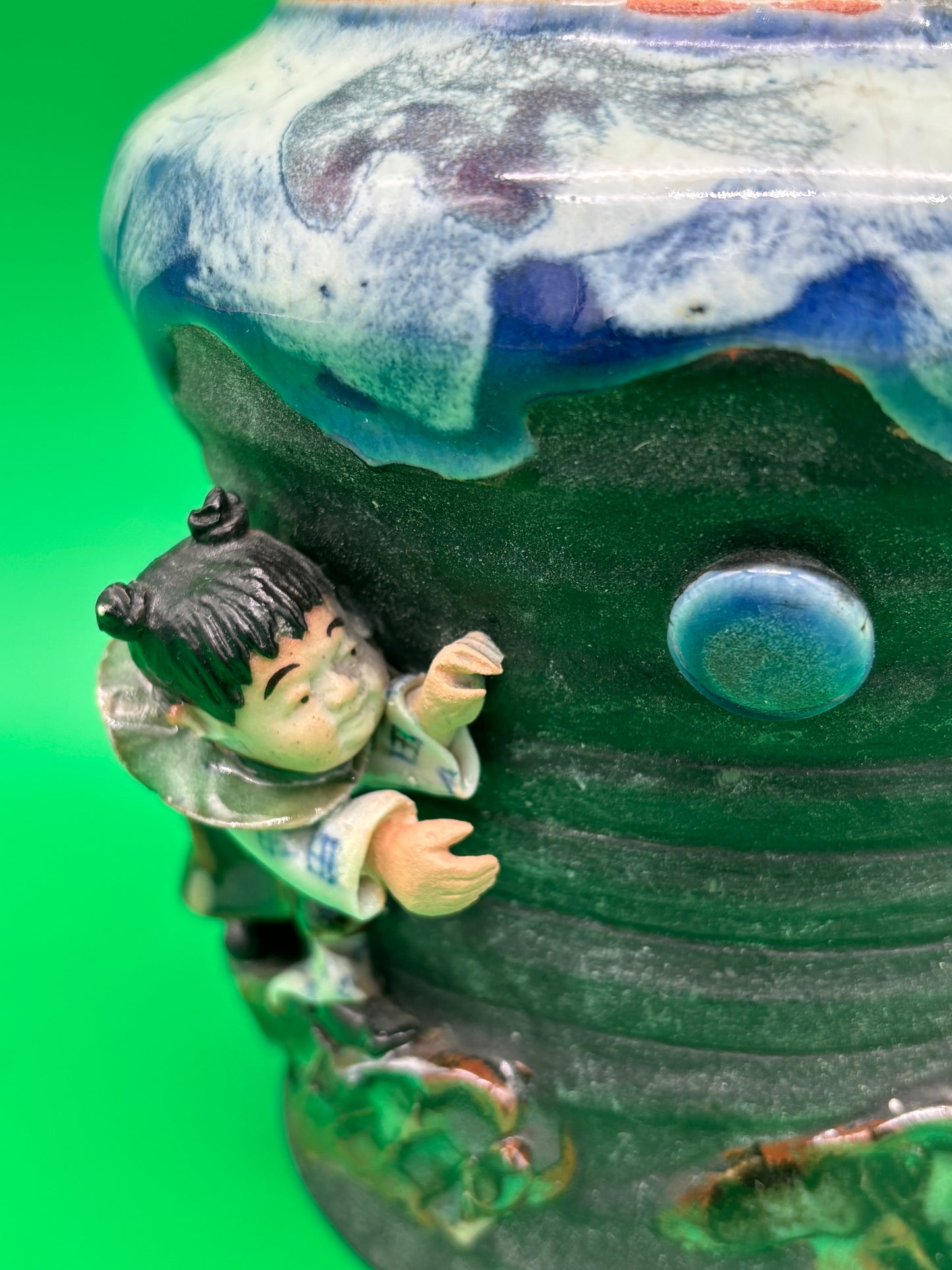 Antique Japanese Sumida Gawa Vase Signed Ban-ni Blue Drip Glaze Figural 5.25”