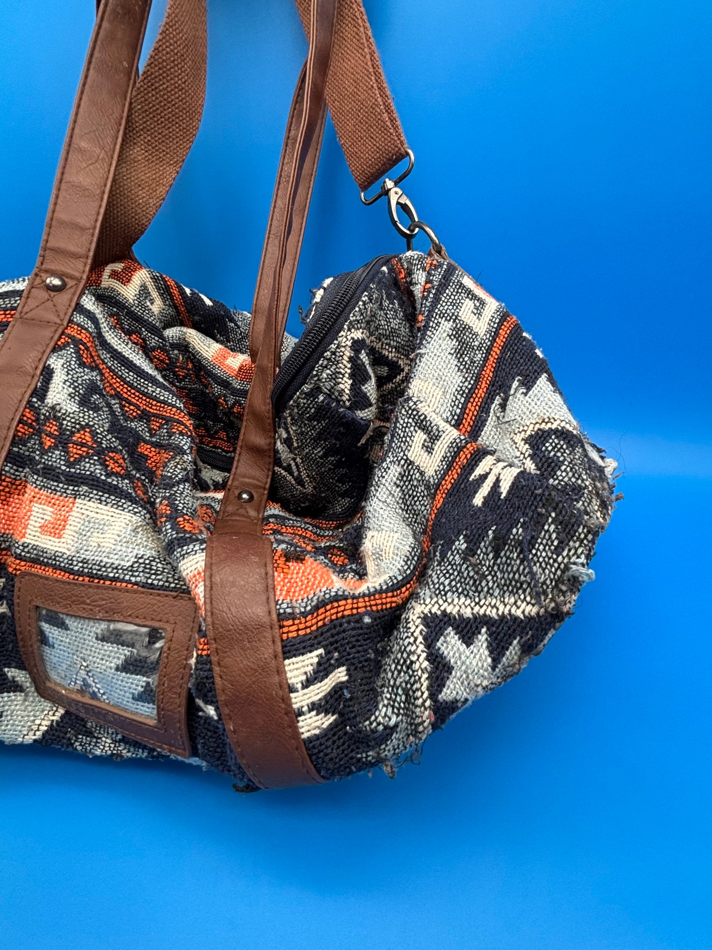 Southwest Aztec Print Weekender Duffel Bag Blue Multi Tribal Boho Oversized Tote