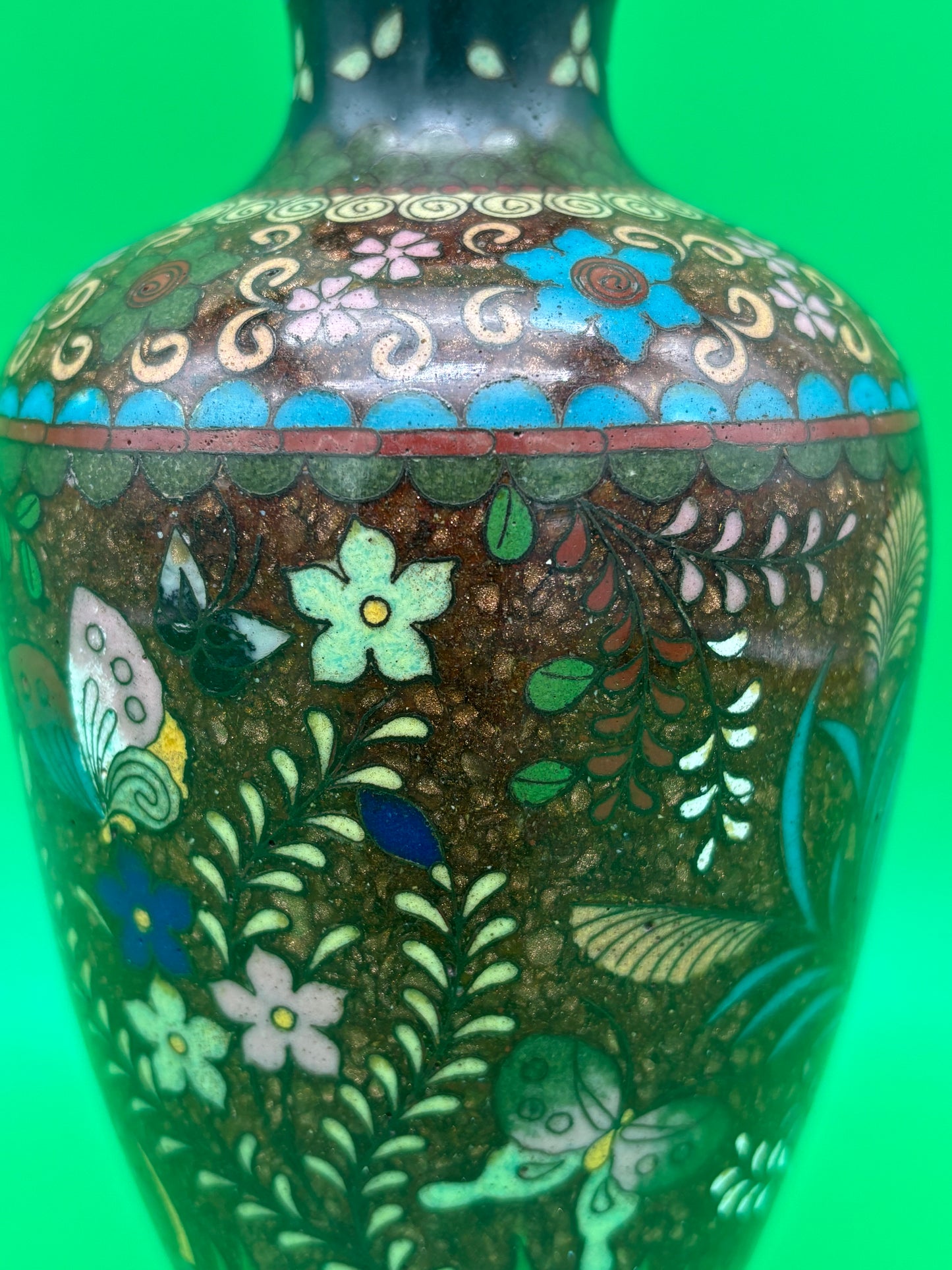 Antique Meiji Japanese Goldstone Cloisonne Butterfly Floral Vase 7 1/4”