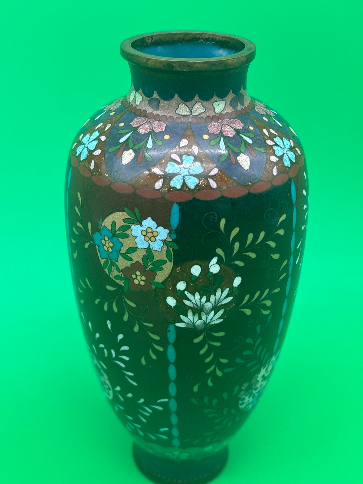 Antique Japanese Cloisonne Vase Meiji Floral Enamel Brown Ground 8” Unmarked
