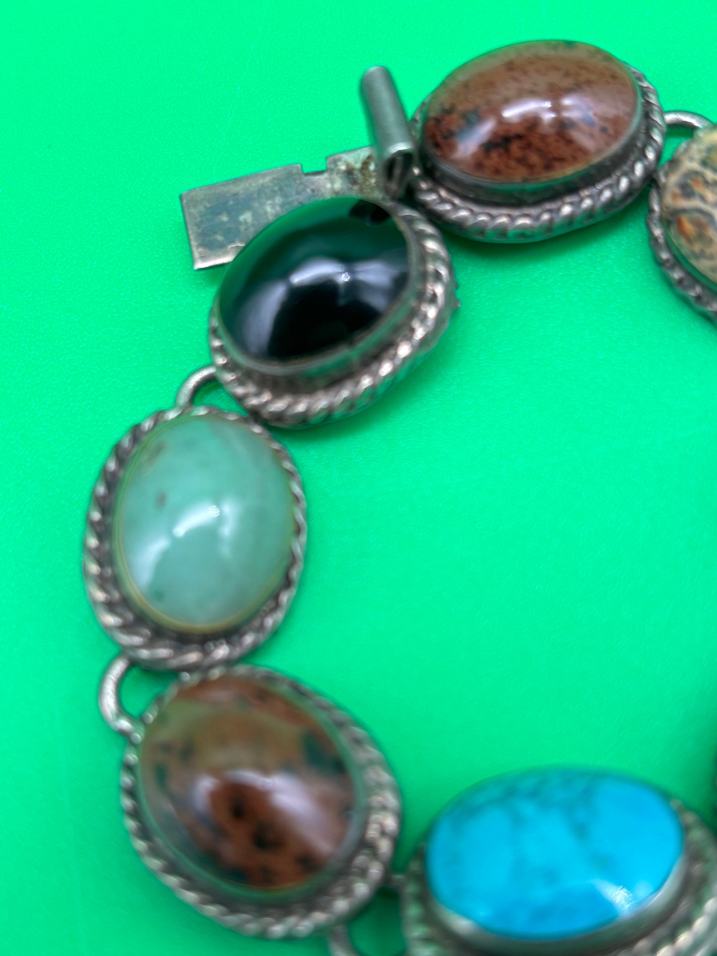 Vintage Taxco Mexico Sterling Silver Multi Stone Bracelet 925 TA-95 58g