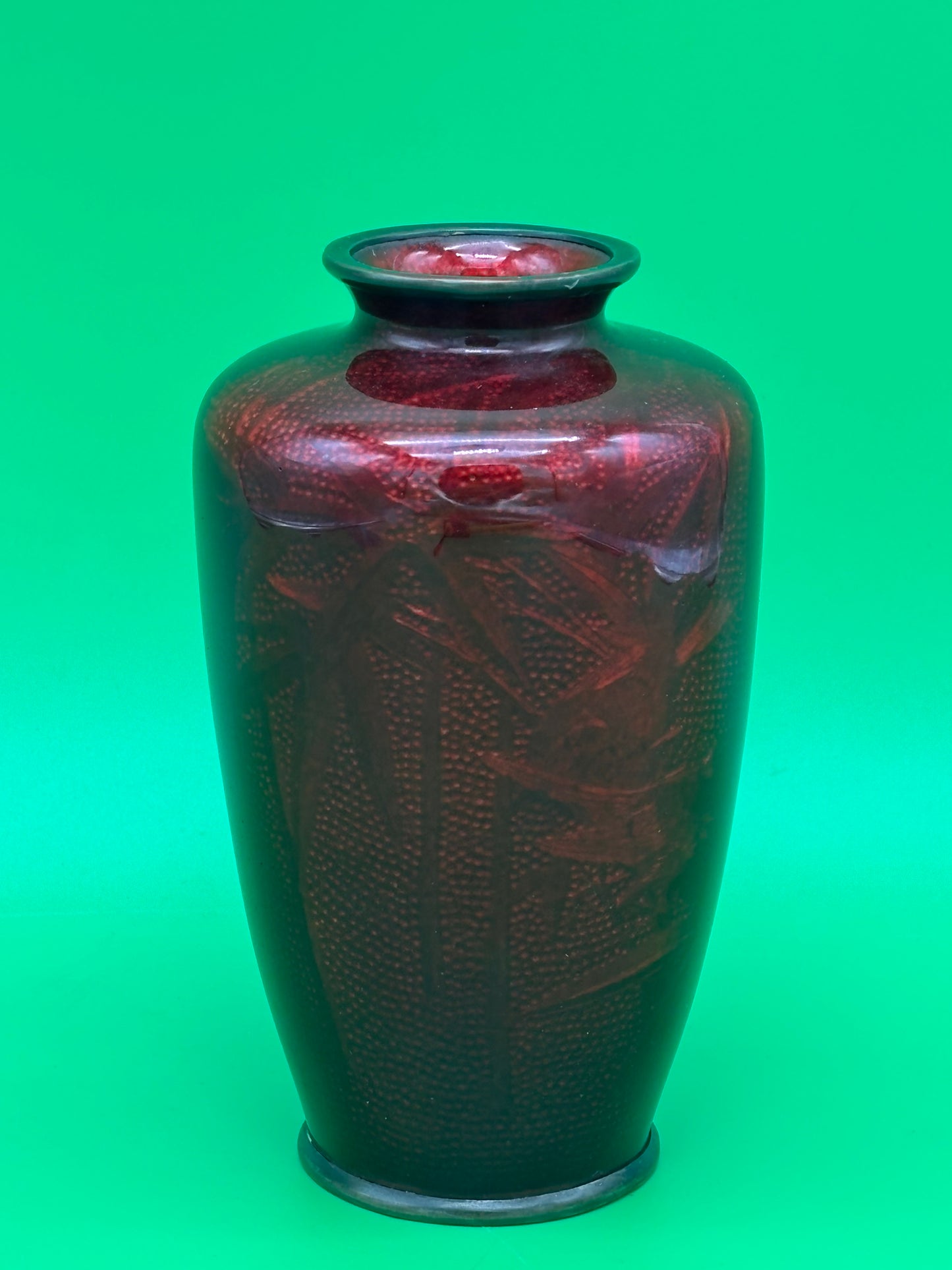 Signed Ando Japanese Pigeon Blood Red Ginbari Cloisonne Bird Bamboo Vase 5.75”