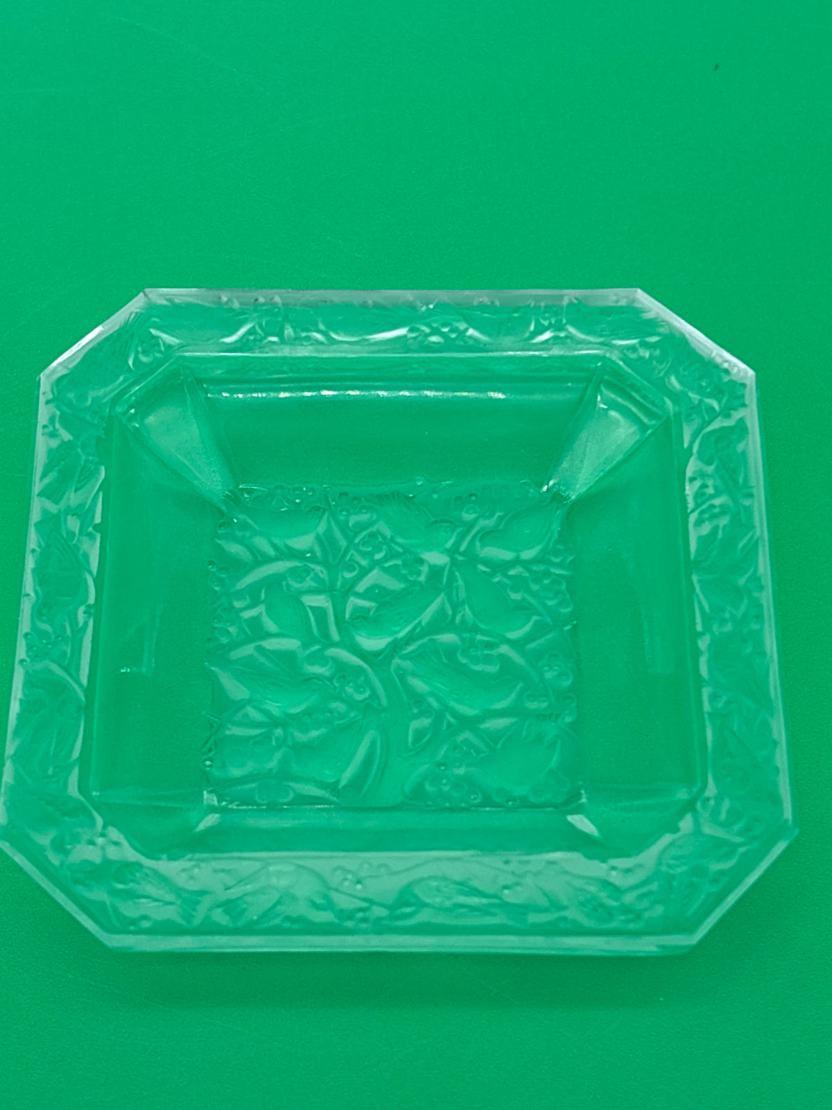 Vintage Clear Pressed Glass Ashtray Bird Berry Motif Square Trinket Dish 3.25”