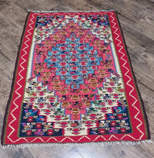 Vintage Turkish Kilim Rug Handmade 100% Wool 2.6 x 3.6 Colorful Flatweave