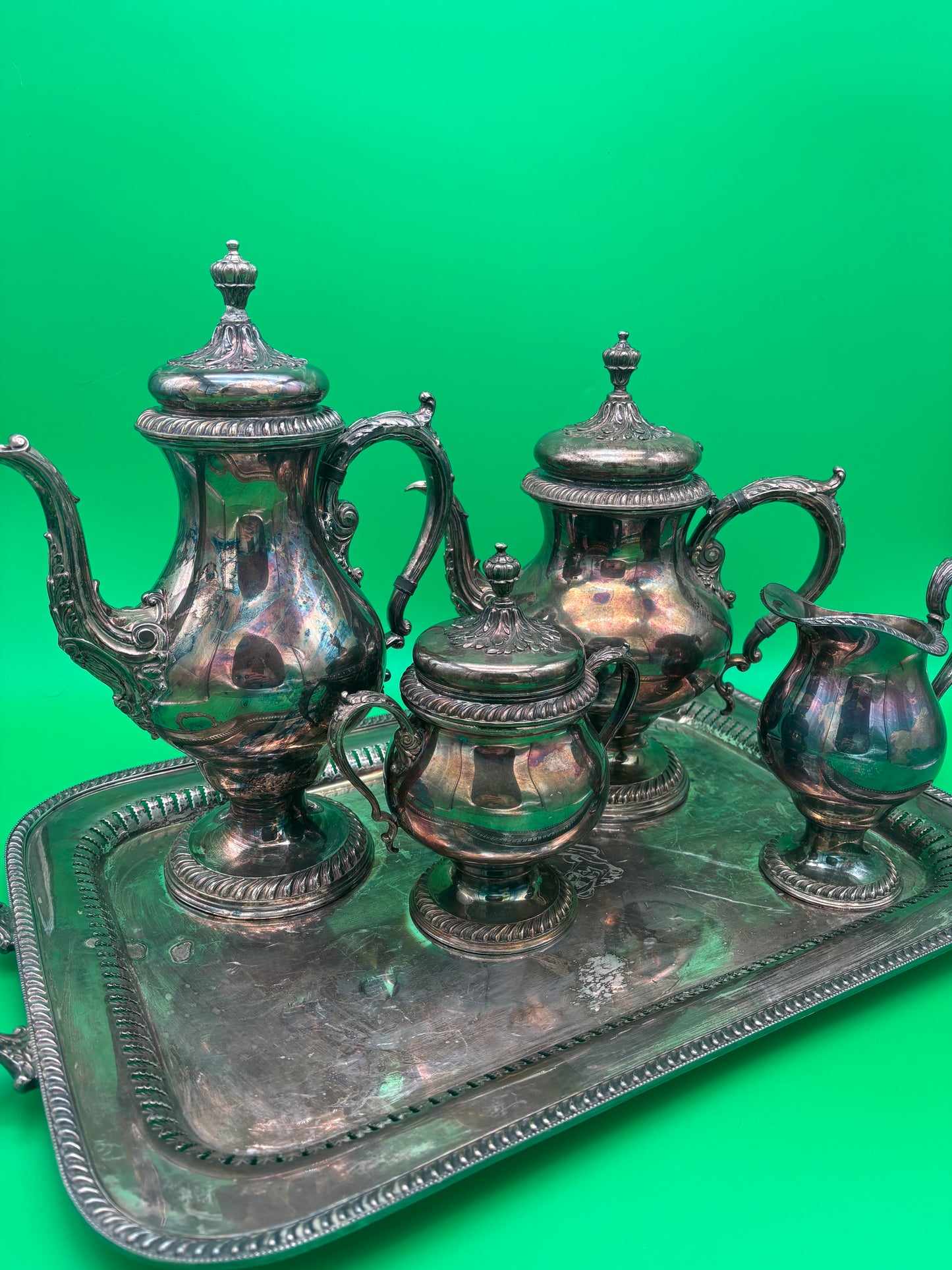 Vintage Silver Plate Tea & Coffee Set w/ Tray International Silver St James