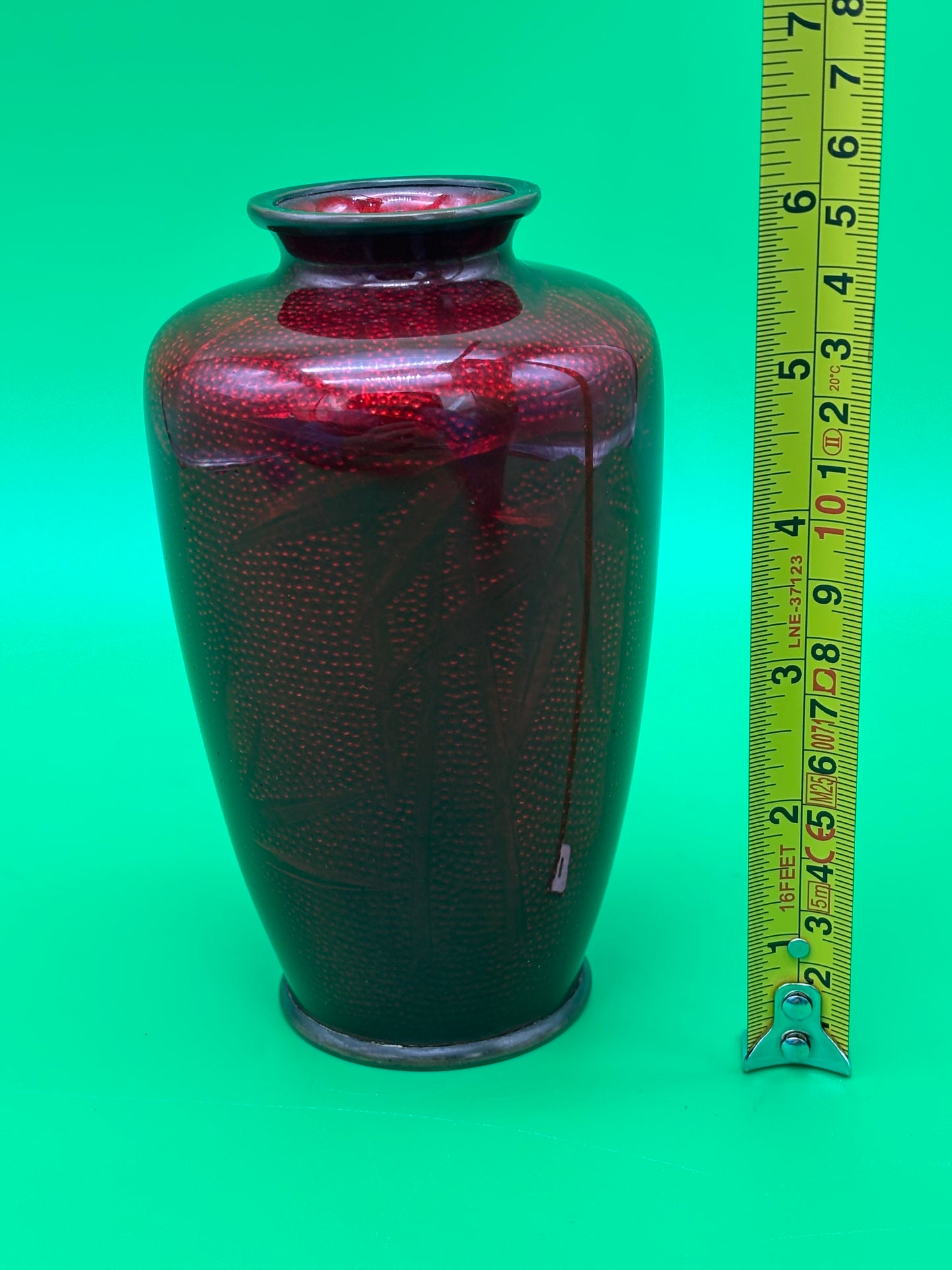 Signed Ando Japanese Pigeon Blood Red Ginbari Cloisonne Bird Bamboo Vase 5.75”