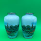 Pair Antique Japanese Musen Cloisonne Mt Fuji Pagoda Landscape Vases 4.5”
