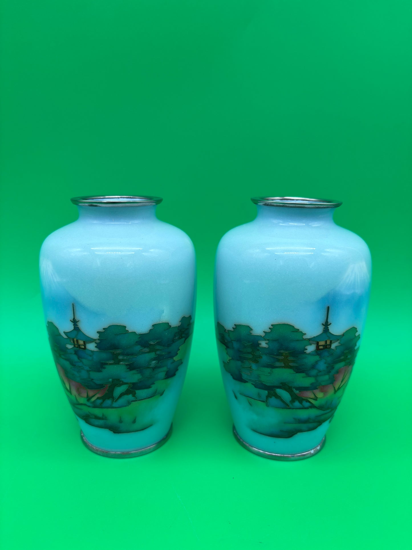 Pair Antique Japanese Musen Cloisonne Mt Fuji Pagoda Landscape Vases 4.5”