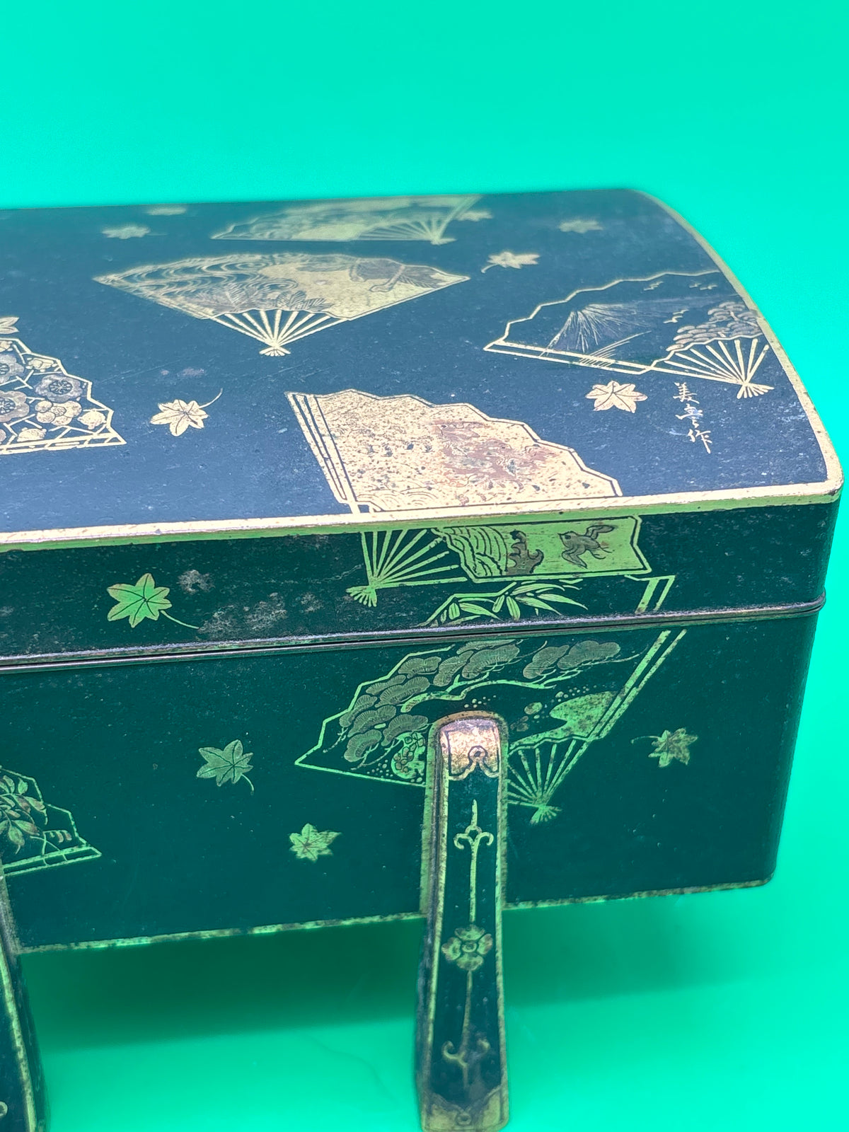 Antique Japanese Fujii Damascene Footed Cigarette Box Mt Fuji Mark Gold Inlay c1930