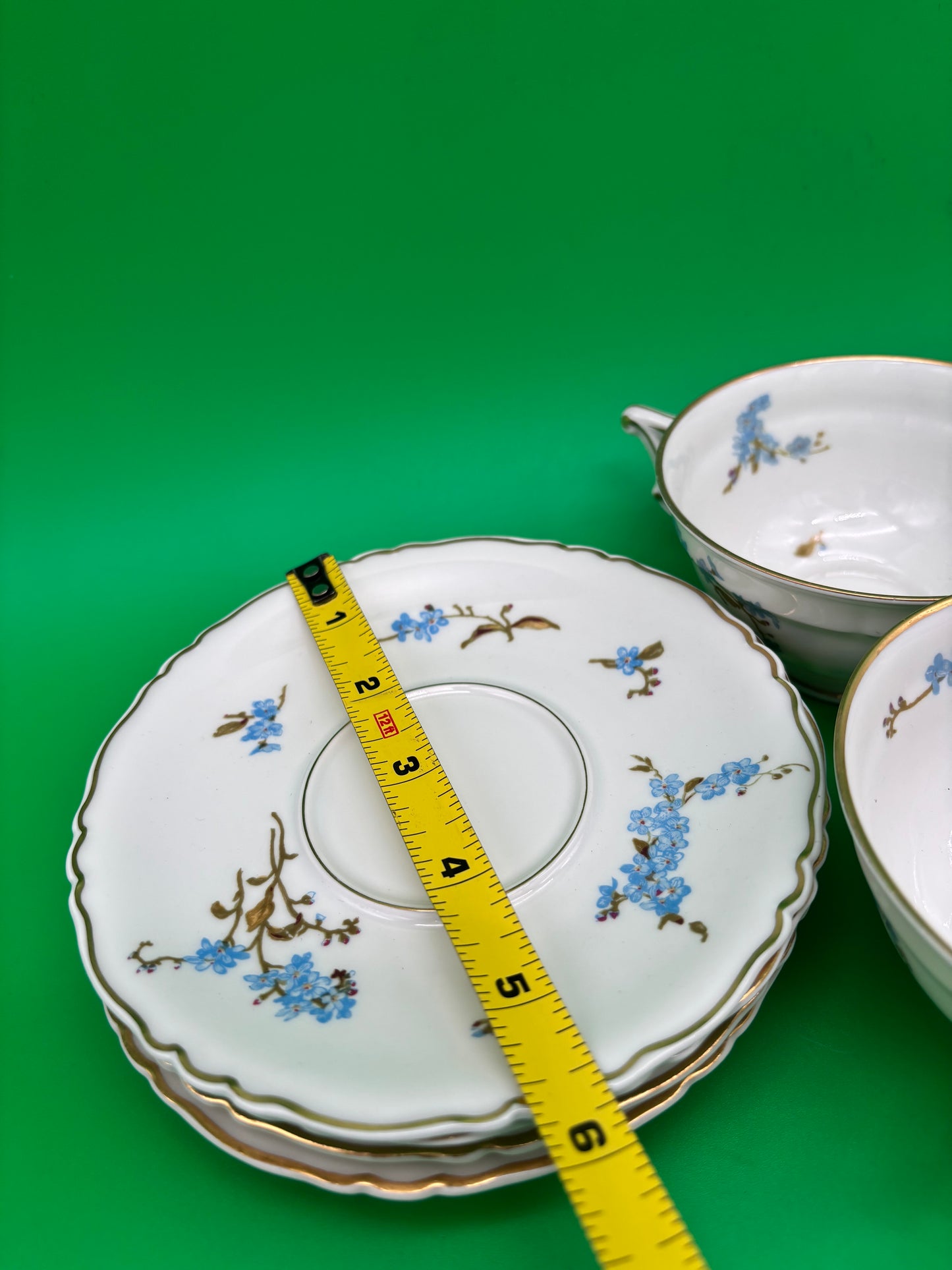 Antique Haviland Limoges France Tea Cup & Saucer Set – Blue Floral, Gold Trim (8-Piece Set)