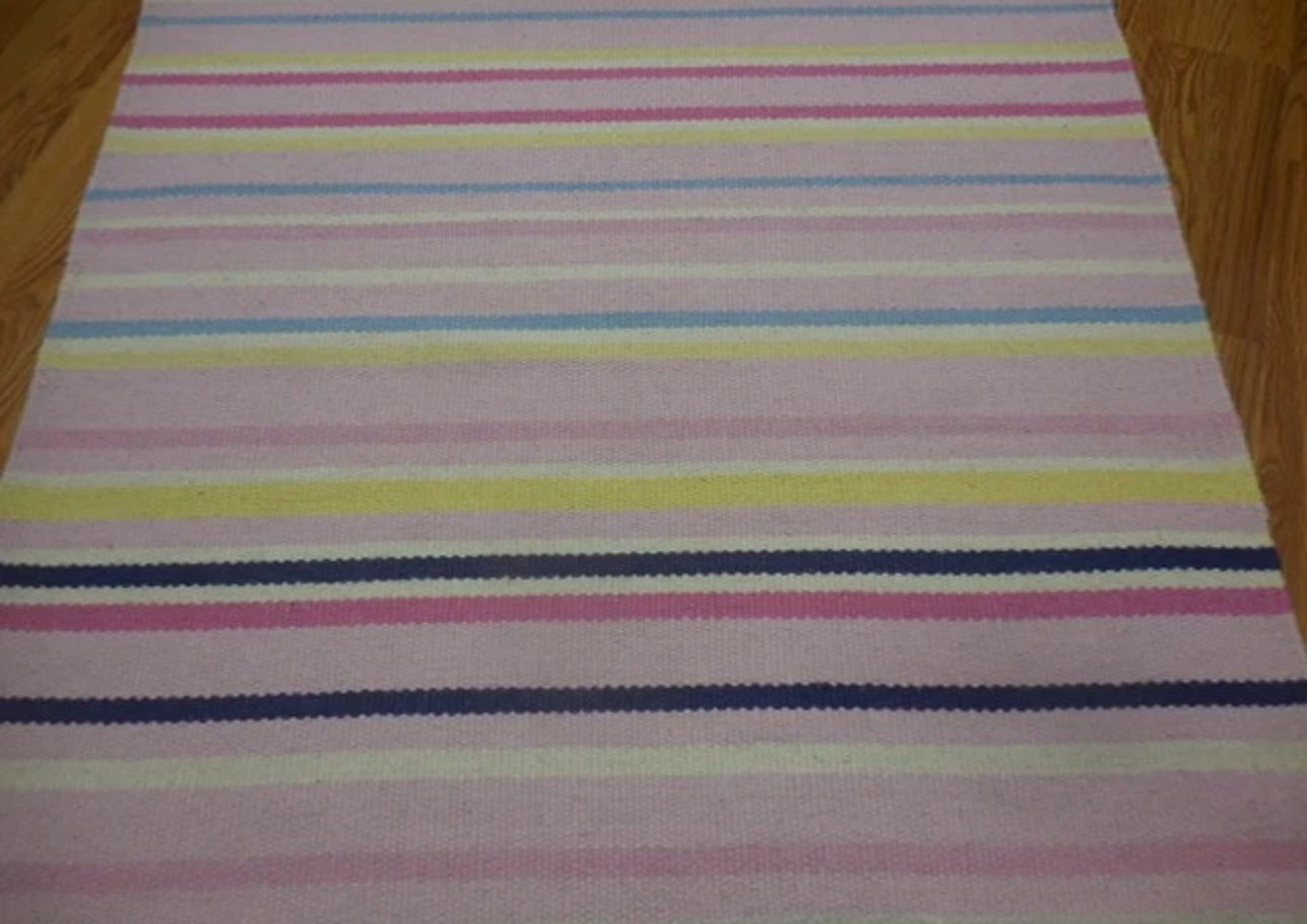 Vintage Handwoven Pastel Striped Flat Weave Rug Fringe Cottage Farmhouse Boho 6ft x 4ft