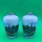 Pair Antique Japanese Musen Cloisonne Mt Fuji Pagoda Landscape Vases 4.5”