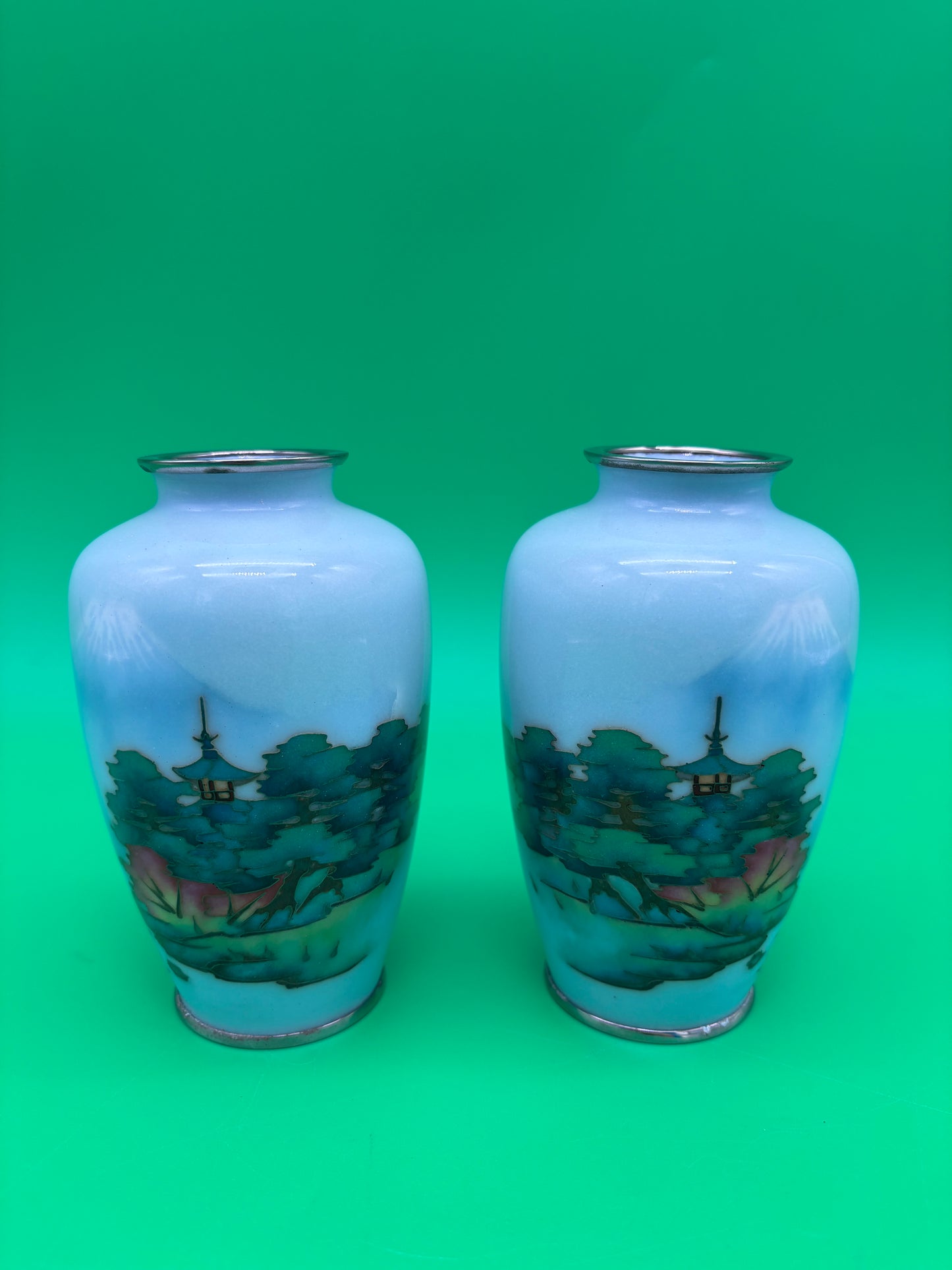 Pair Antique Japanese Musen Cloisonne Mt Fuji Pagoda Landscape Vases 4.5”