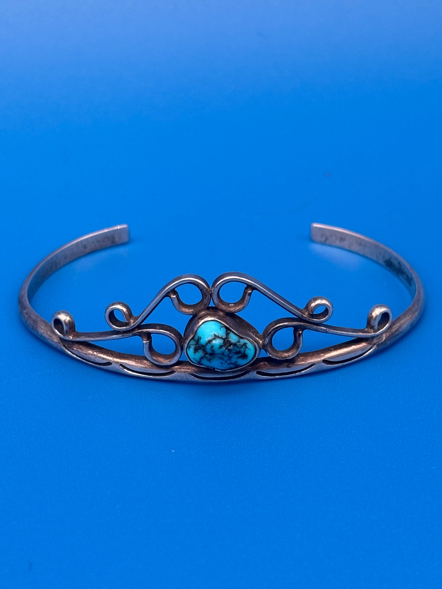 Vintage Sterling Silver Turquoise Cuff Bracelet Openwork Southwestern Design