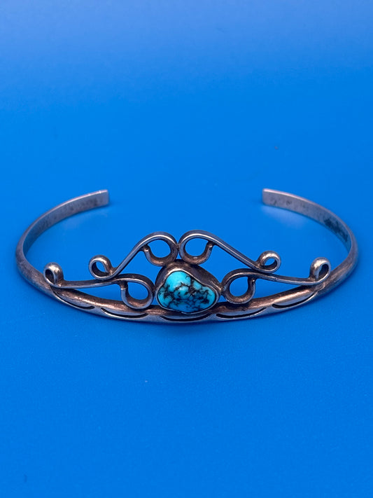 Vintage Sterling Silver Turquoise Cuff Bracelet Openwork Southwestern Design