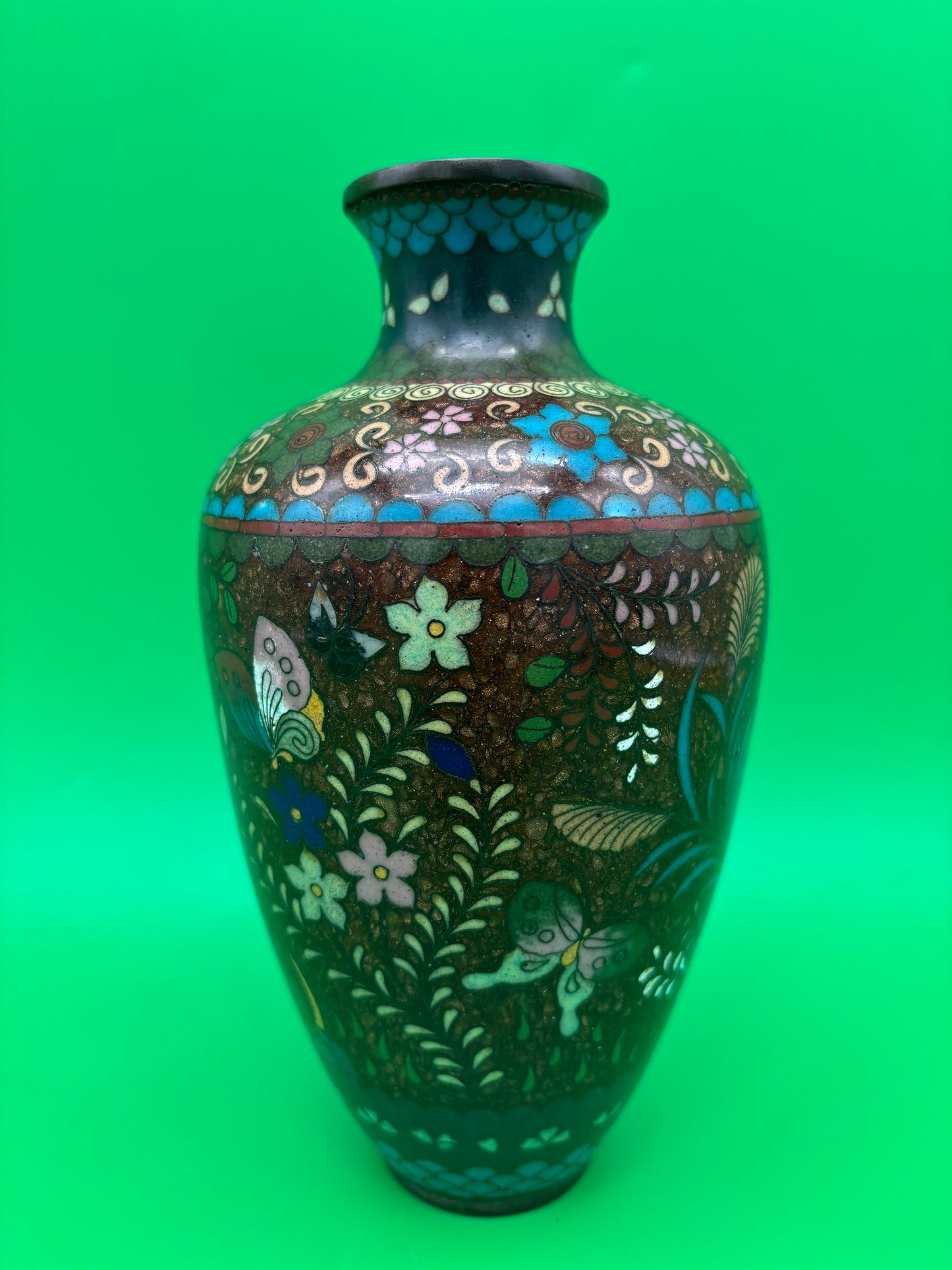 Antique Meiji Japanese Goldstone Cloisonne Butterfly Floral Vase 7 1/4”