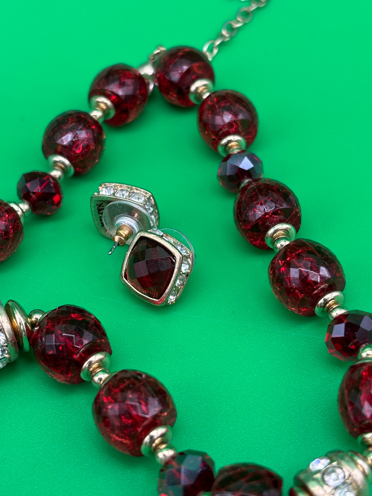 Vintage Signed Napier Deep Red Faceted Bead Necklace & Earring Set