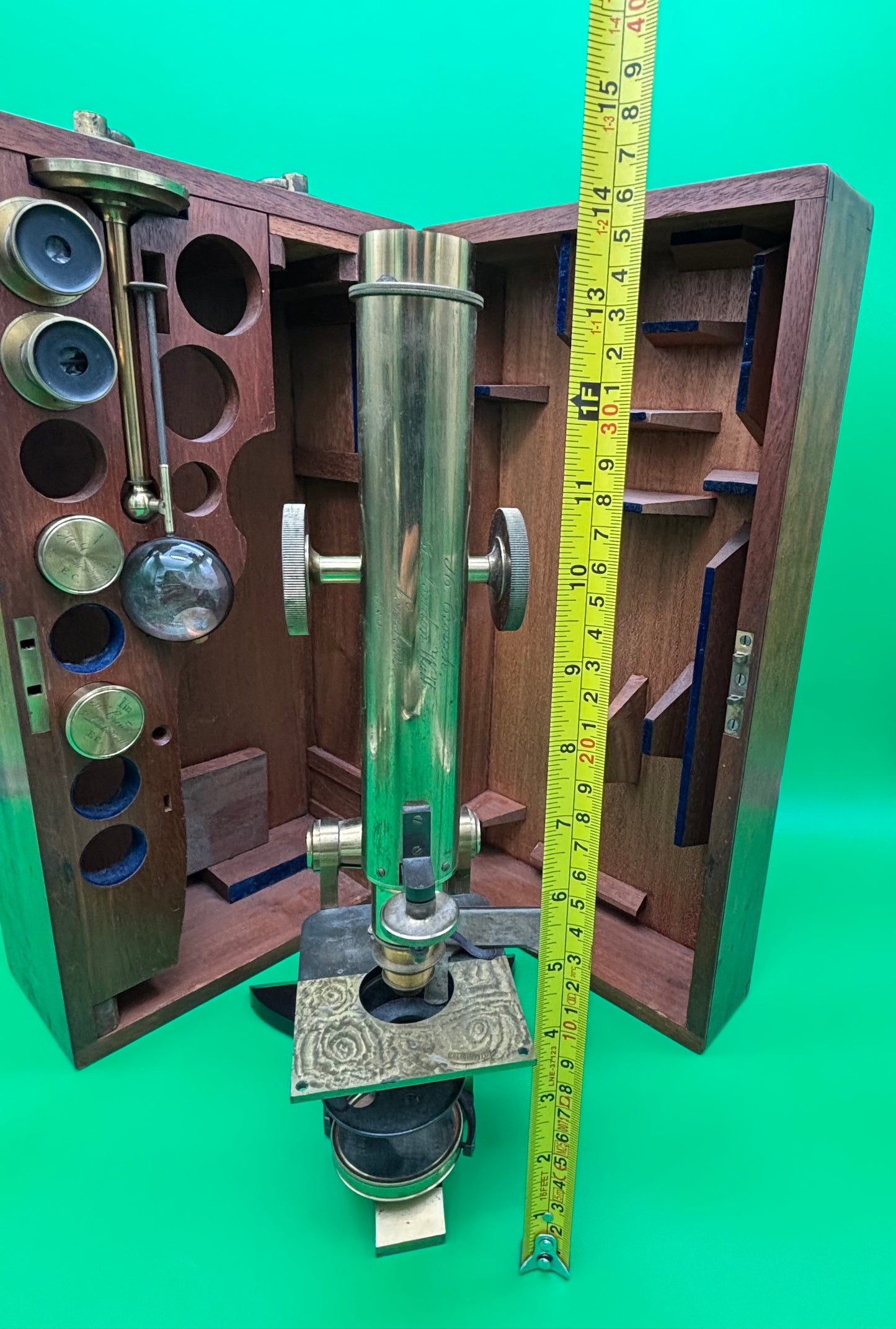 c.1871 H. Crouch London Antique Brass Microscope #689 Case Accessories