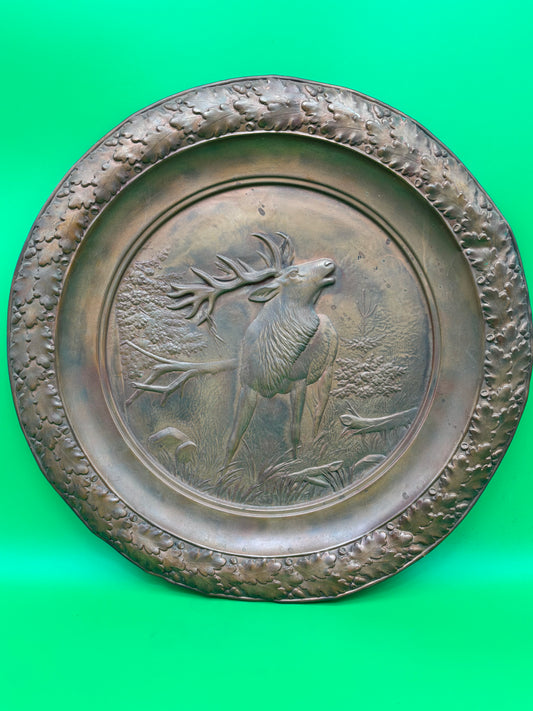 Vintage Embossed Copper Elk Stag Wall Plate Charger 16” Rustic Cabin Lodge Hunting Decor