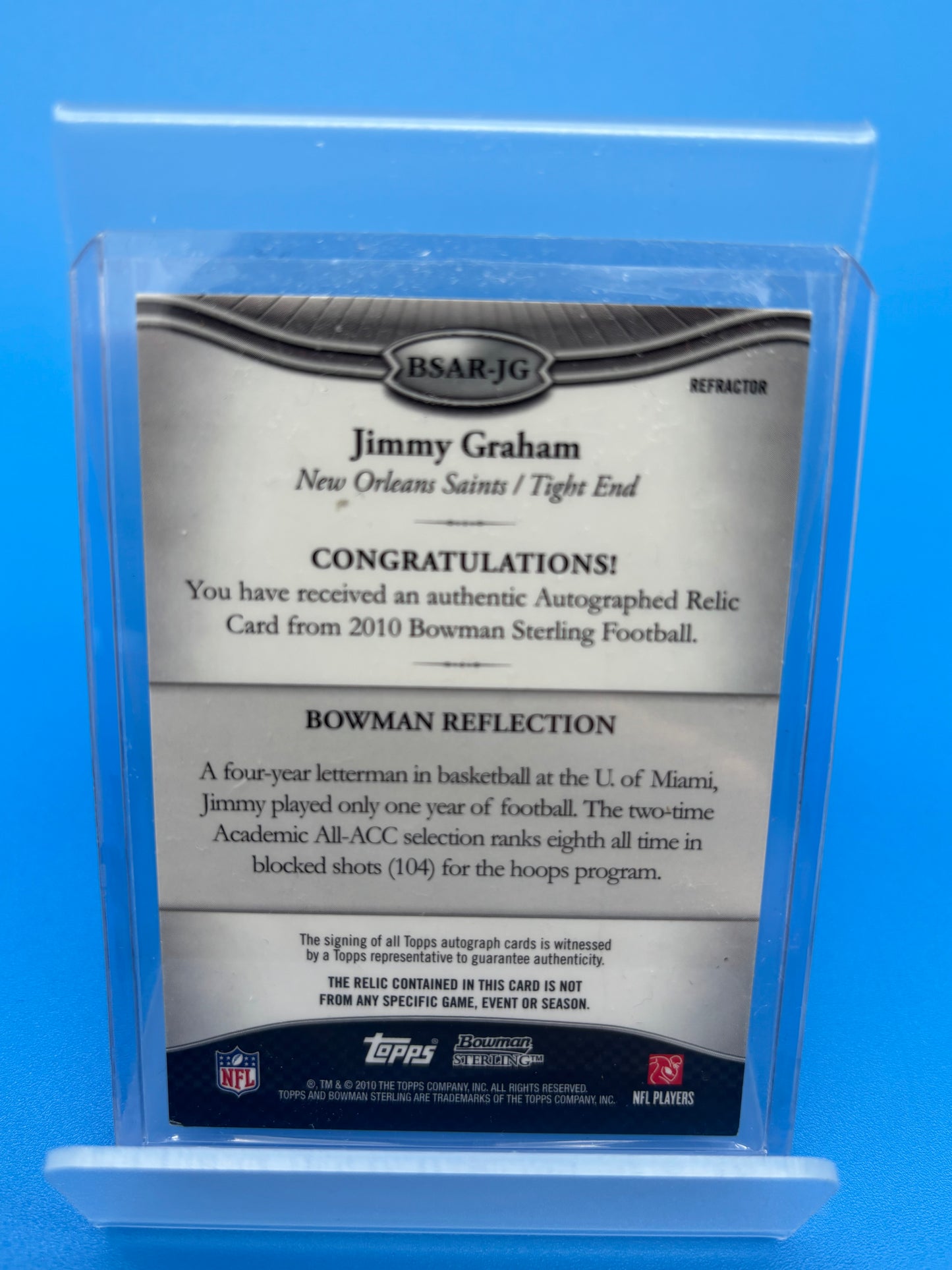 2010 Bowman Sterling Blue Refractor Jimmy Graham RC ROOKIE AUTO JERSEY 87/99