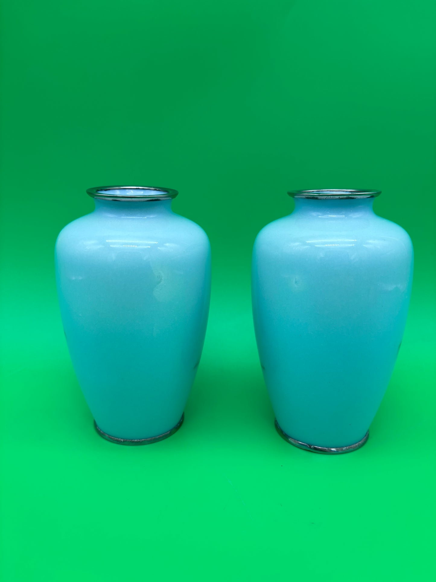 Pair Antique Japanese Musen Cloisonne Mt Fuji Pagoda Landscape Vases 4.5”