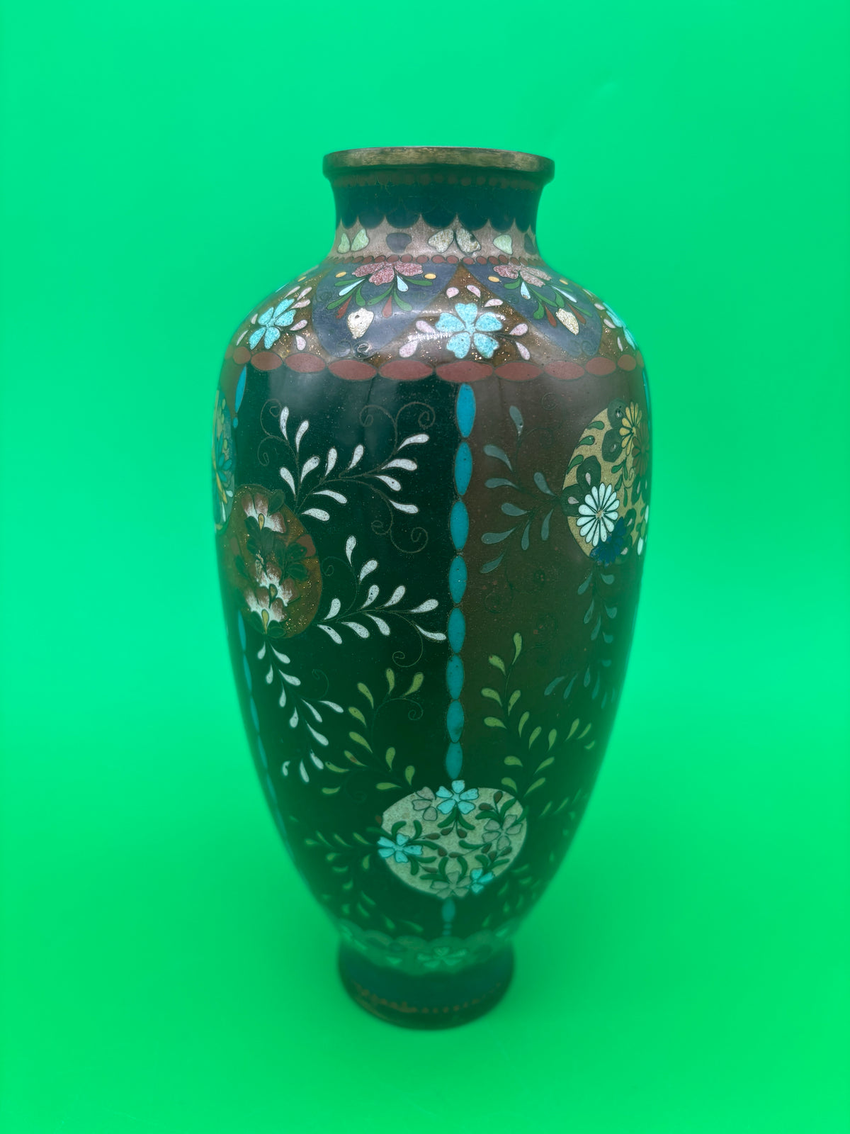Antique Japanese Cloisonne Vase Meiji Floral Enamel Brown Ground 8” Unmarked