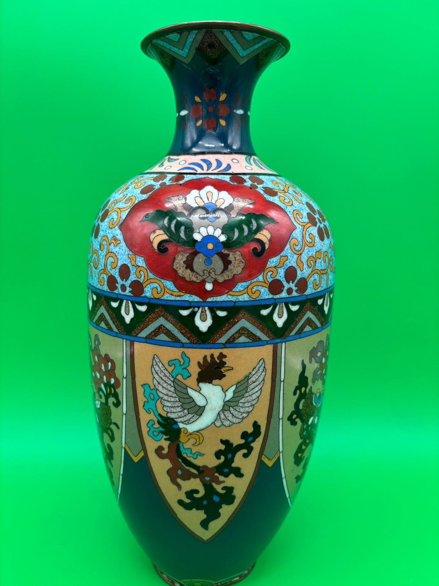 Large Antique Meiji Japanese Cloisonne Dragon Ho-o Phoenix Shield Vase 11.75”