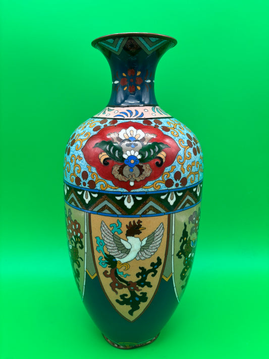 Large Antique Meiji Japanese Cloisonne Dragon Ho-o Phoenix Shield Vase 11.75”