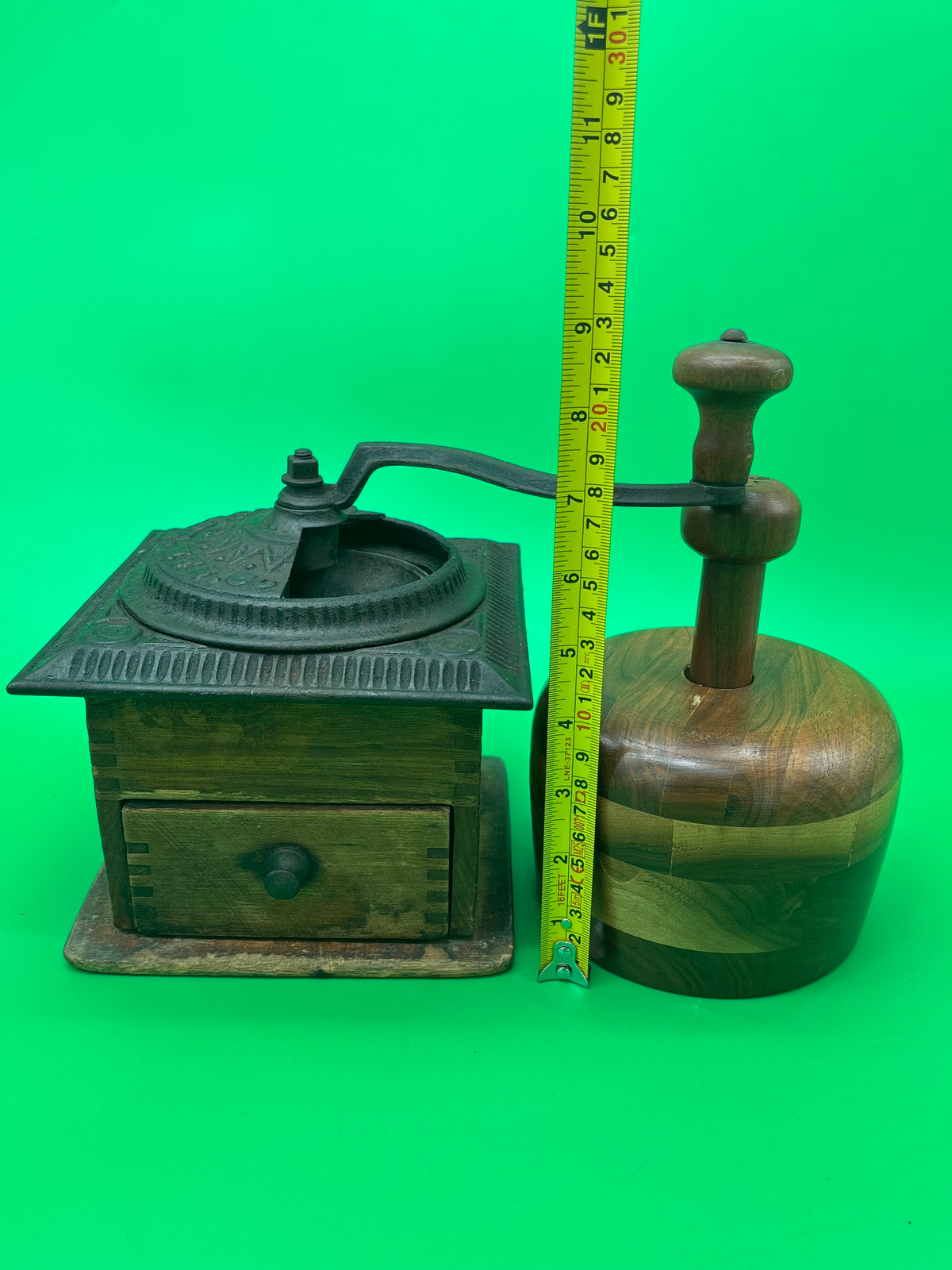Antique Peugeot Freres Coffee Grinder & Vintage Turned Wood Lidded Container Lot
