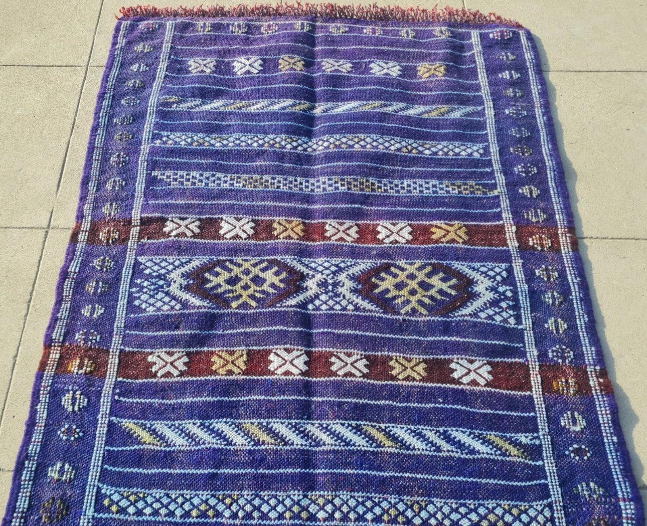 Rare Handwoven Vintage Moroccan Soumak Kilim Wool Rug – Purple Tribal Flatweave – 3’8” x 2’1”