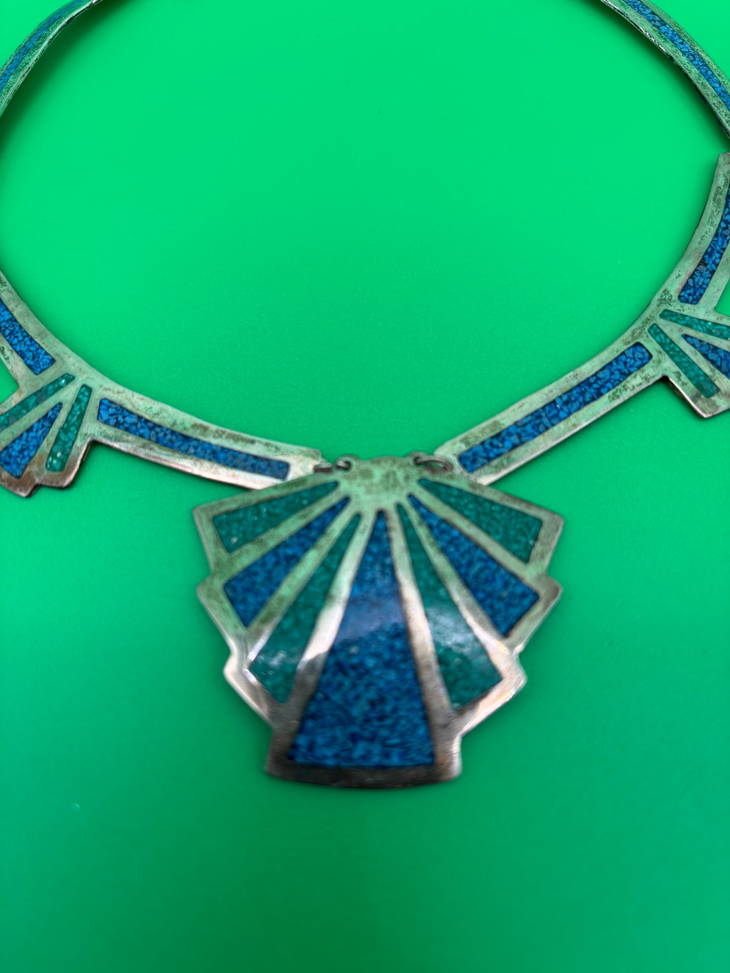 Vintage Signed Alpaca Mexico Blue and Green Glass Mosaic Fan Necklace