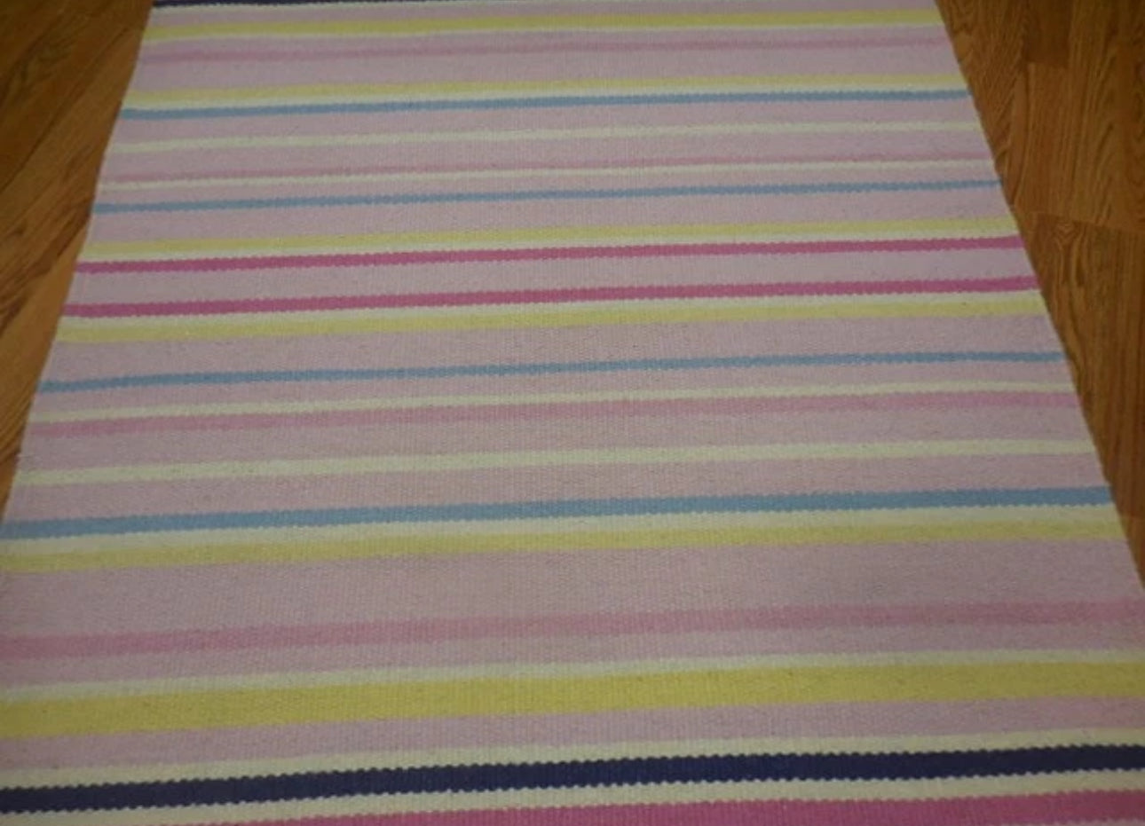 Vintage Handwoven Pastel Striped Flat Weave Rug Fringe Cottage Farmhouse Boho 6ft x 4ft
