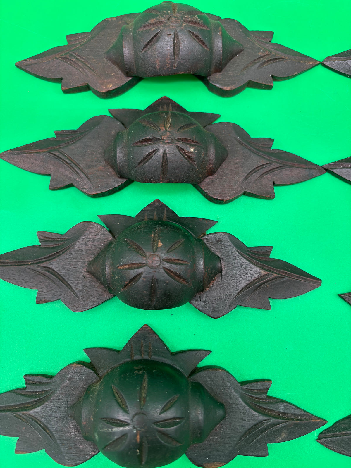Antique Victorian Eastlake Carved Wood Drawer Pulls Floral Leaf Design Set of 8