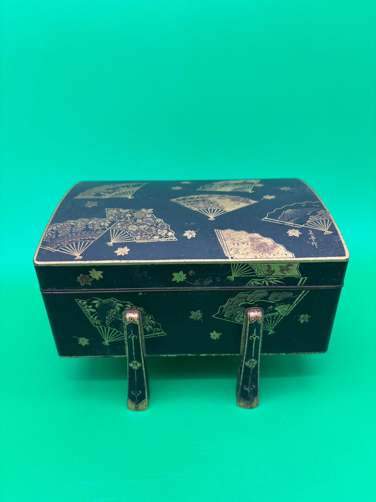 Antique Japanese Fujii Damascene Footed Cigarette Box Mt Fuji Mark Gold Inlay c1930