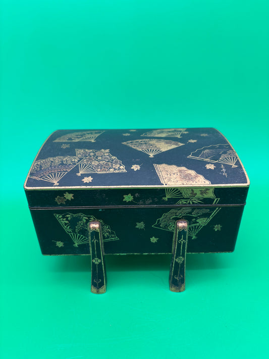 Antique Japanese Fujii Damascene Footed Cigarette Box Mt Fuji Mark Gold Inlay c1930