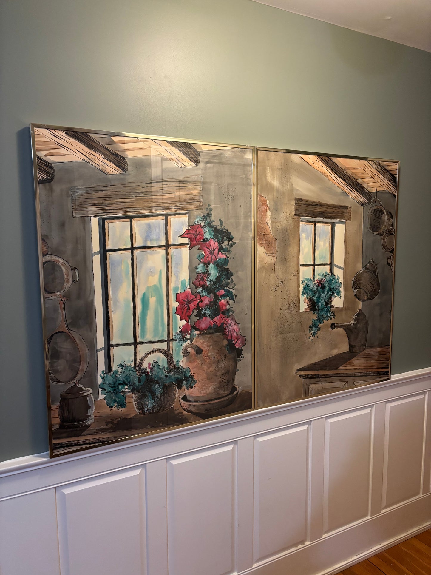 Vintage Antique Glass Frame Canvas Painting "Country Window" by Artist Alberto