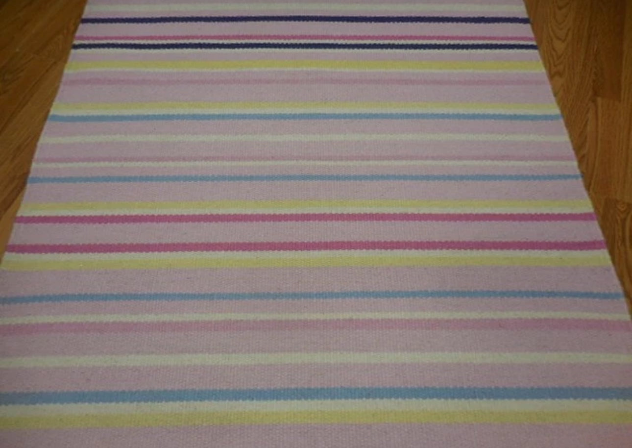 Vintage Handwoven Pastel Striped Flat Weave Rug Fringe Cottage Farmhouse Boho 6ft x 4ft