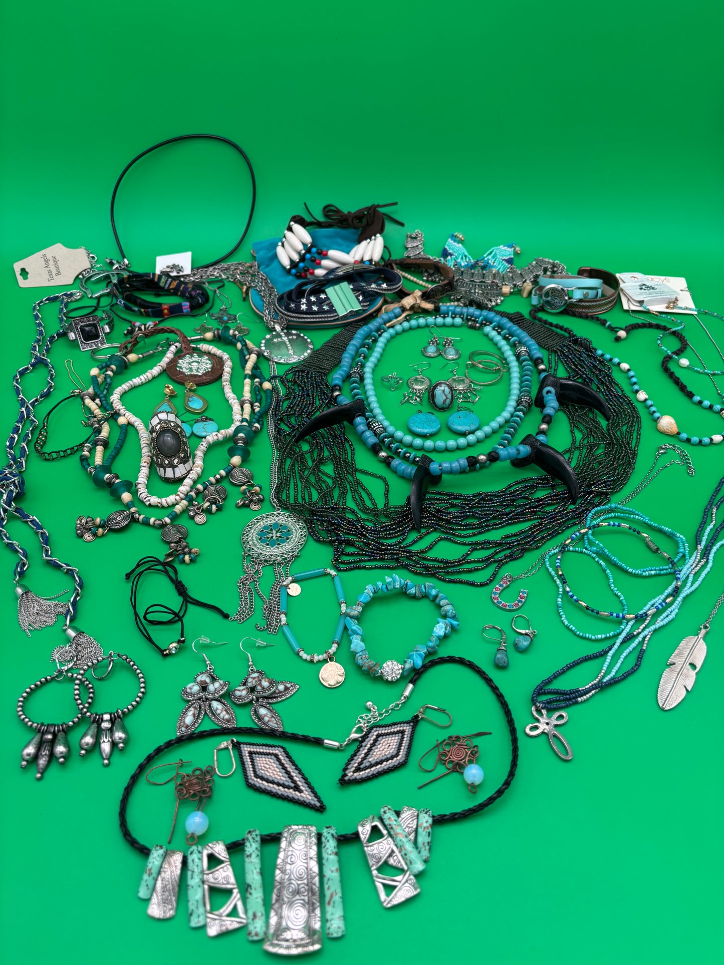 Large Boho Southwestern Jewelry Lot Turquoise Tribal Silver Tone Statement Necklaces Bracelets