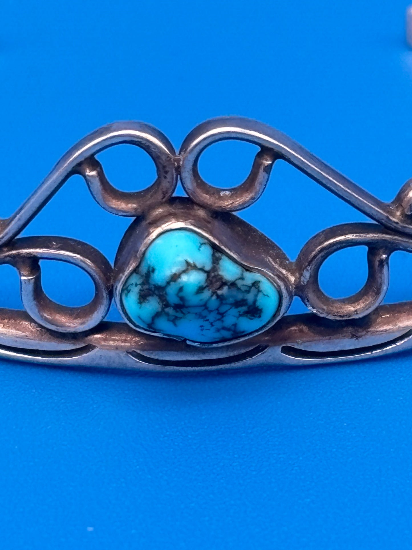 Vintage Sterling Silver Turquoise Cuff Bracelet Openwork Southwestern Design
