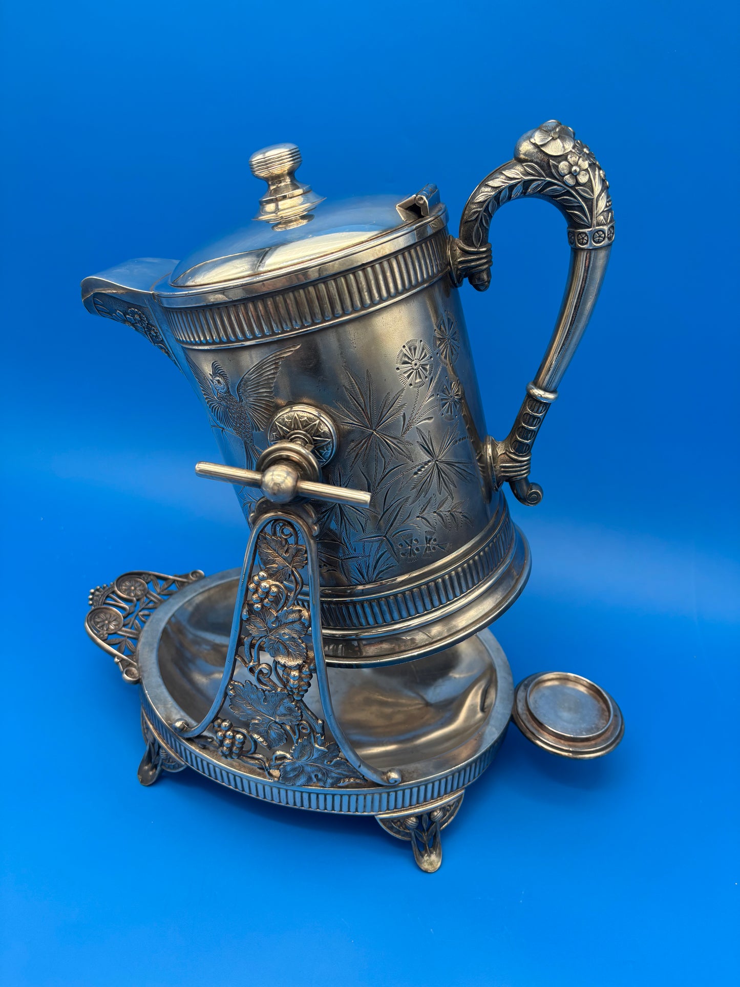 Antique Pairpoint Quadruple Plate Victorian Tilting Ice Water Pitcher & Stand Bird Grape 1826½