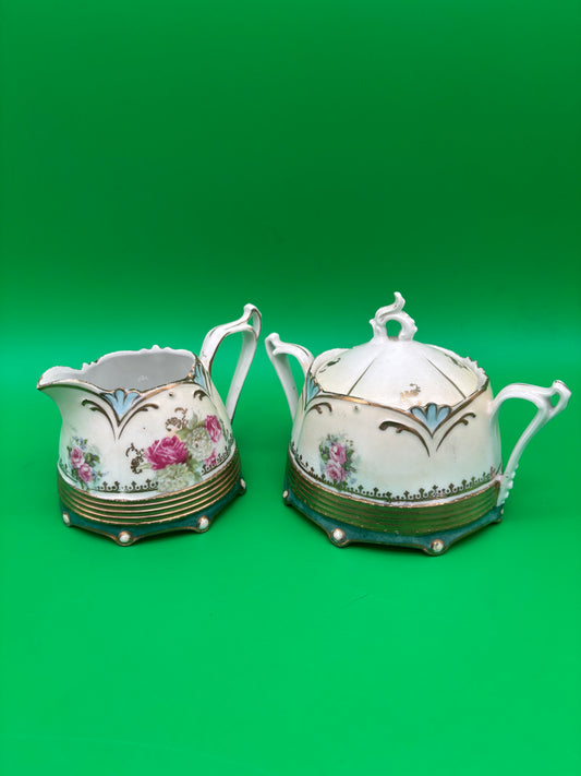 Antique RS Prussia Rose & Peony Art Deco Style Creamer and Covered Sugar Set