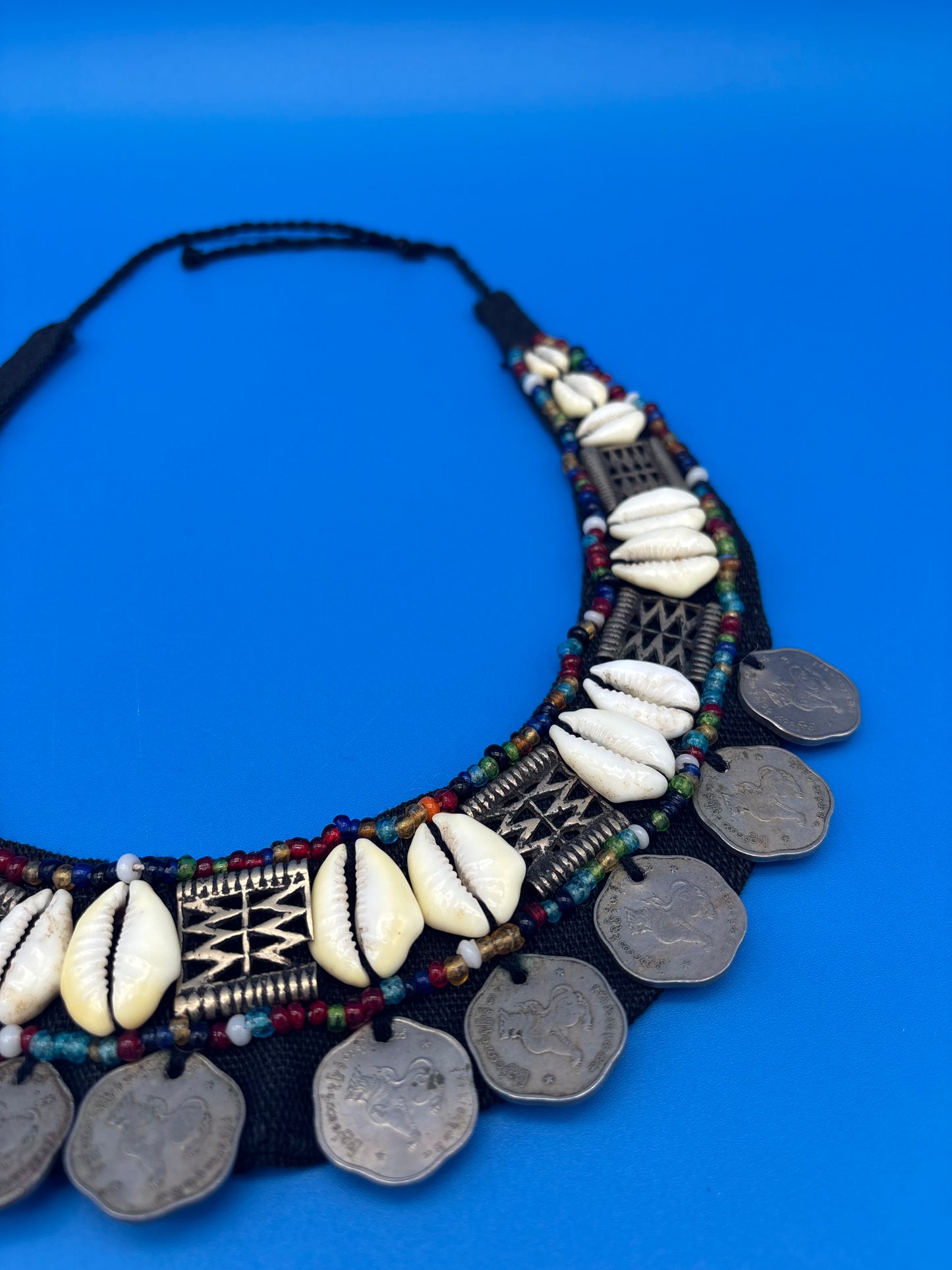 Vintage HUGE Tribal Bib Necklace Cowrie Shells Beads Myanmar Coins Boho Statement