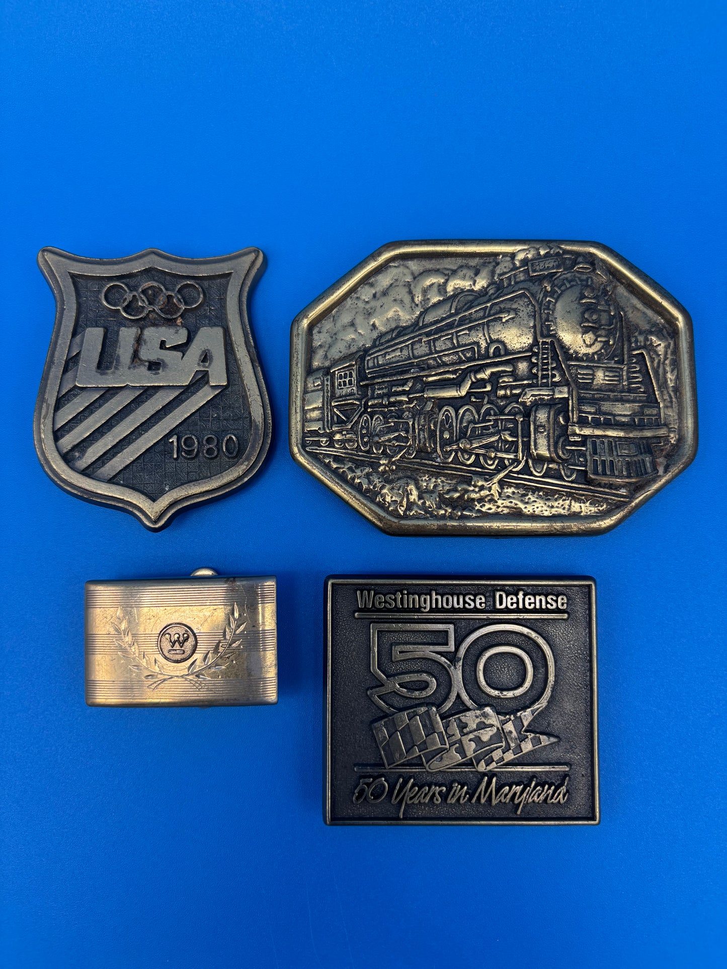 Vintage Belt Buckle & Money Clip Lot Avon Train USA Olympics Westinghouse 4 Pc