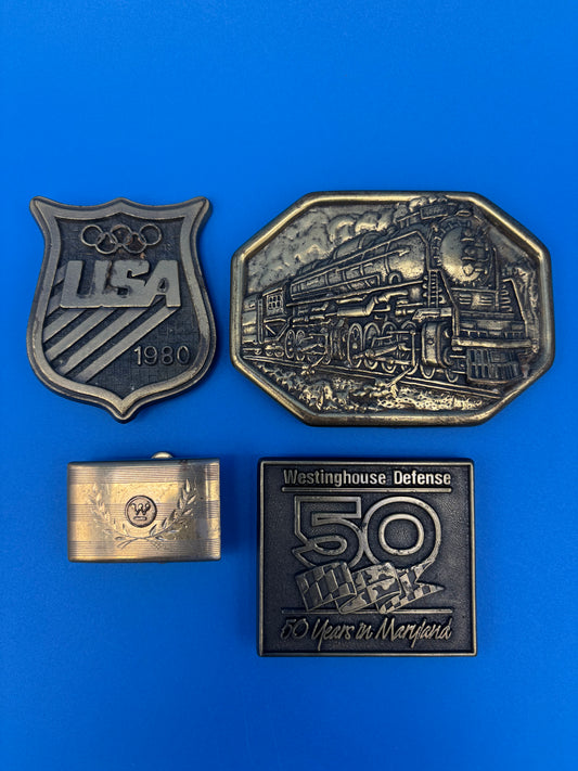 Vintage Belt Buckle & Money Clip Lot Avon Train USA Olympics Westinghouse 4 Pc