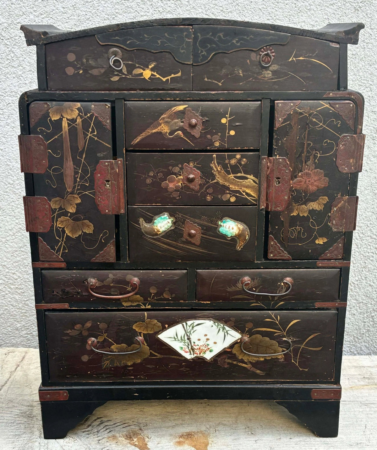 Antique Japanese Meiji Kodansu Lacquer Cabinet Birds Flowers 10 Drawer 16”