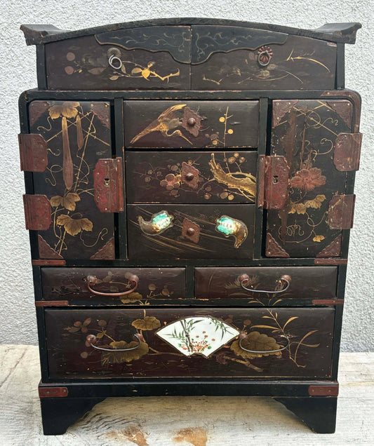 Antique Japanese Meiji Kodansu Lacquer Cabinet Birds Flowers 10 Drawer 16”