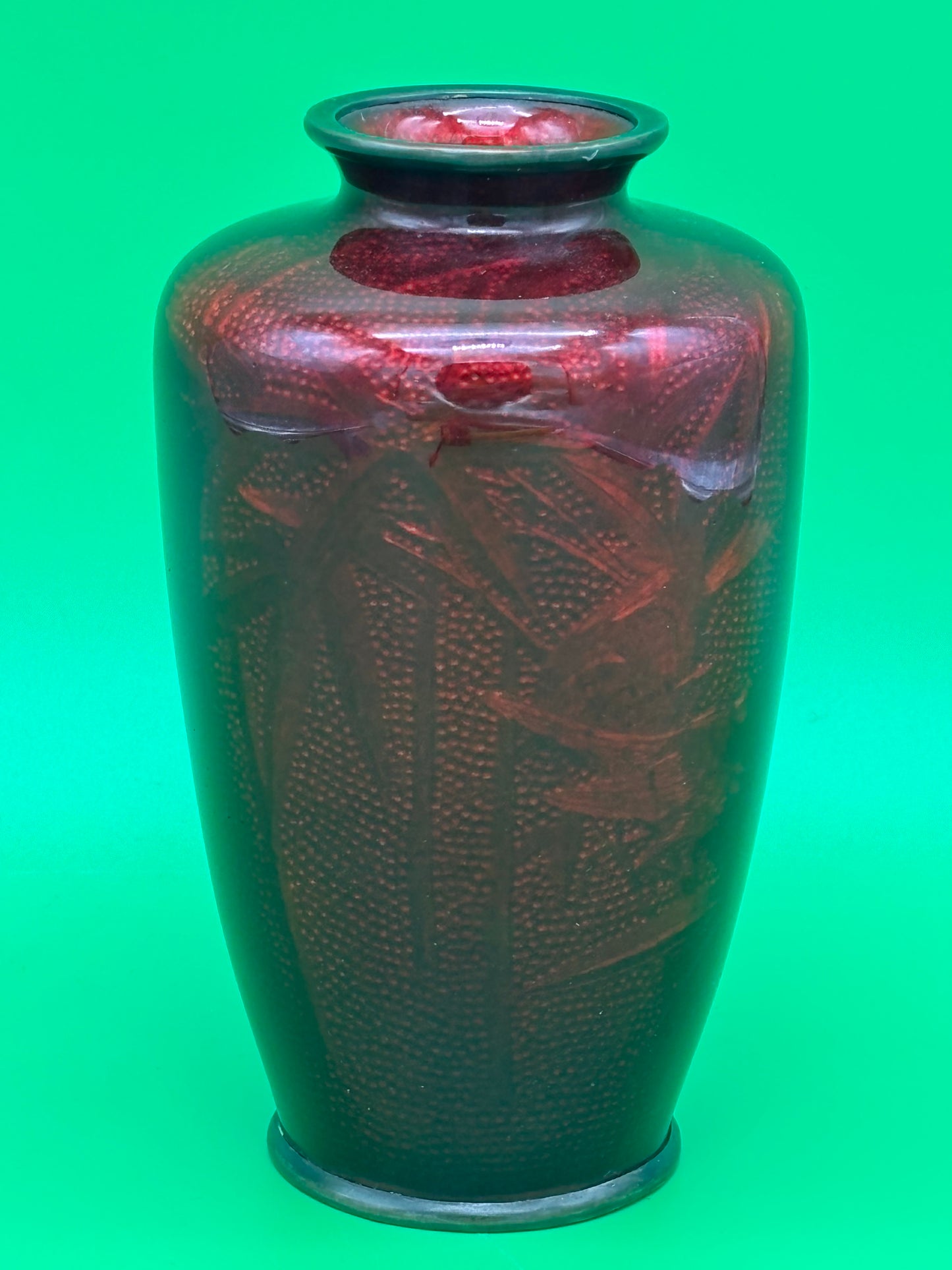 Signed Ando Japanese Pigeon Blood Red Ginbari Cloisonne Bird Bamboo Vase 5.75”
