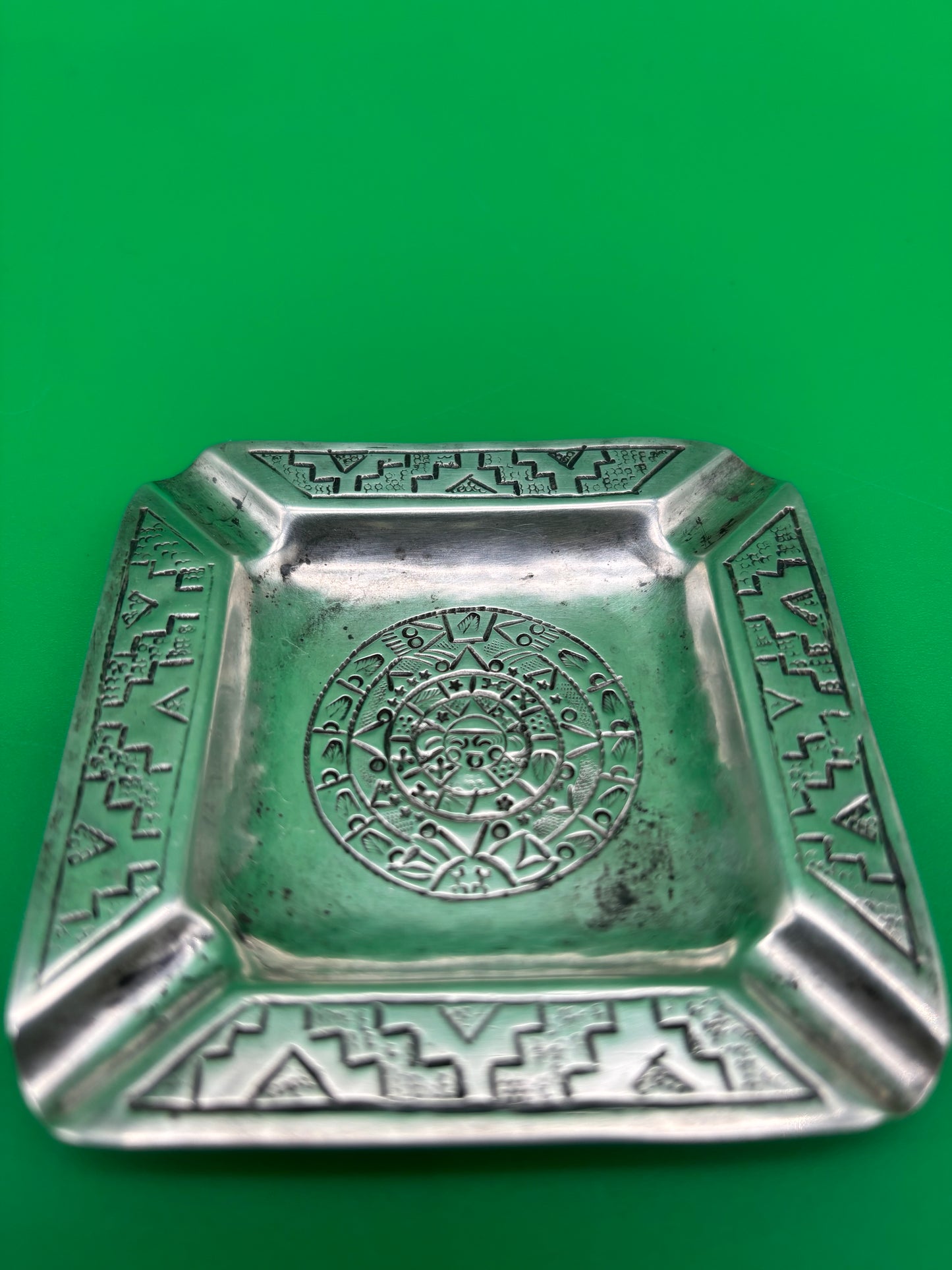 Vintage Mexico 900 Silver Ashtray Aztec Calendar Stamped Design 38g 3.25”