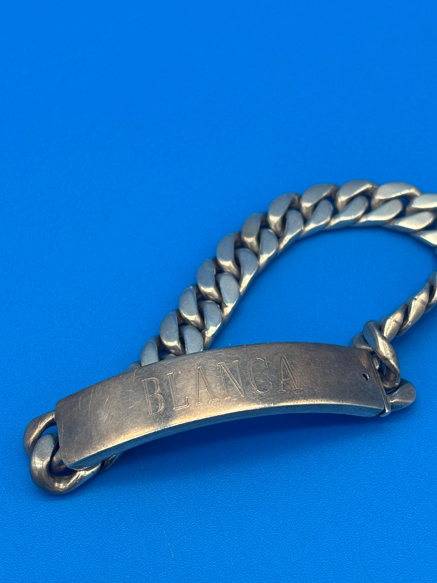 Heavy Vintage Mexico 925 Sterling Silver ID Bracelet Curb Link 65g Engraved BLANCA