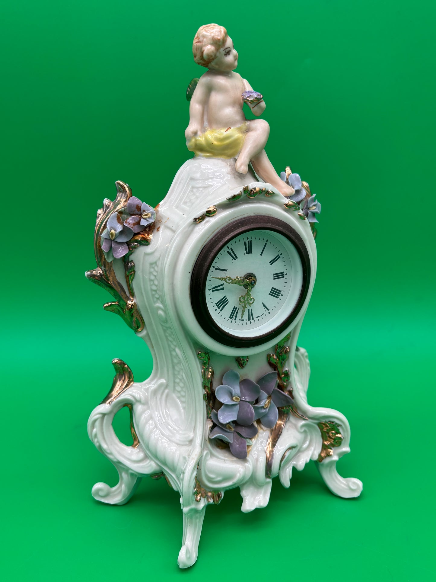 Vintage Louis Pierlot German Porcelain Mantel Clock w/ Cherub – 10” Wind Up
